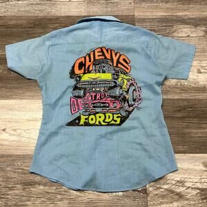 Vintage 60s The Body Shirt Chevys Destroy Fords Blue Boys L Button Up Shirt USA